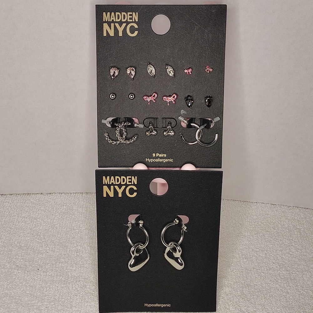 Madden NYC Women's Earings Bundle Silver Heart Hoop + 9 Bow HuggieHypoallergenic